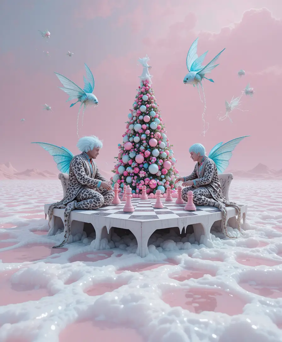 Albero di Natale surreale che fluttua su un mare rosa a scacchiera