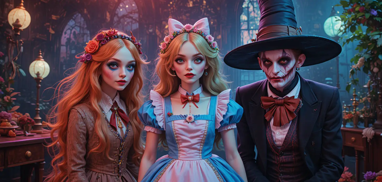 Colorful whimsical characters in an enchanted wonderland scene