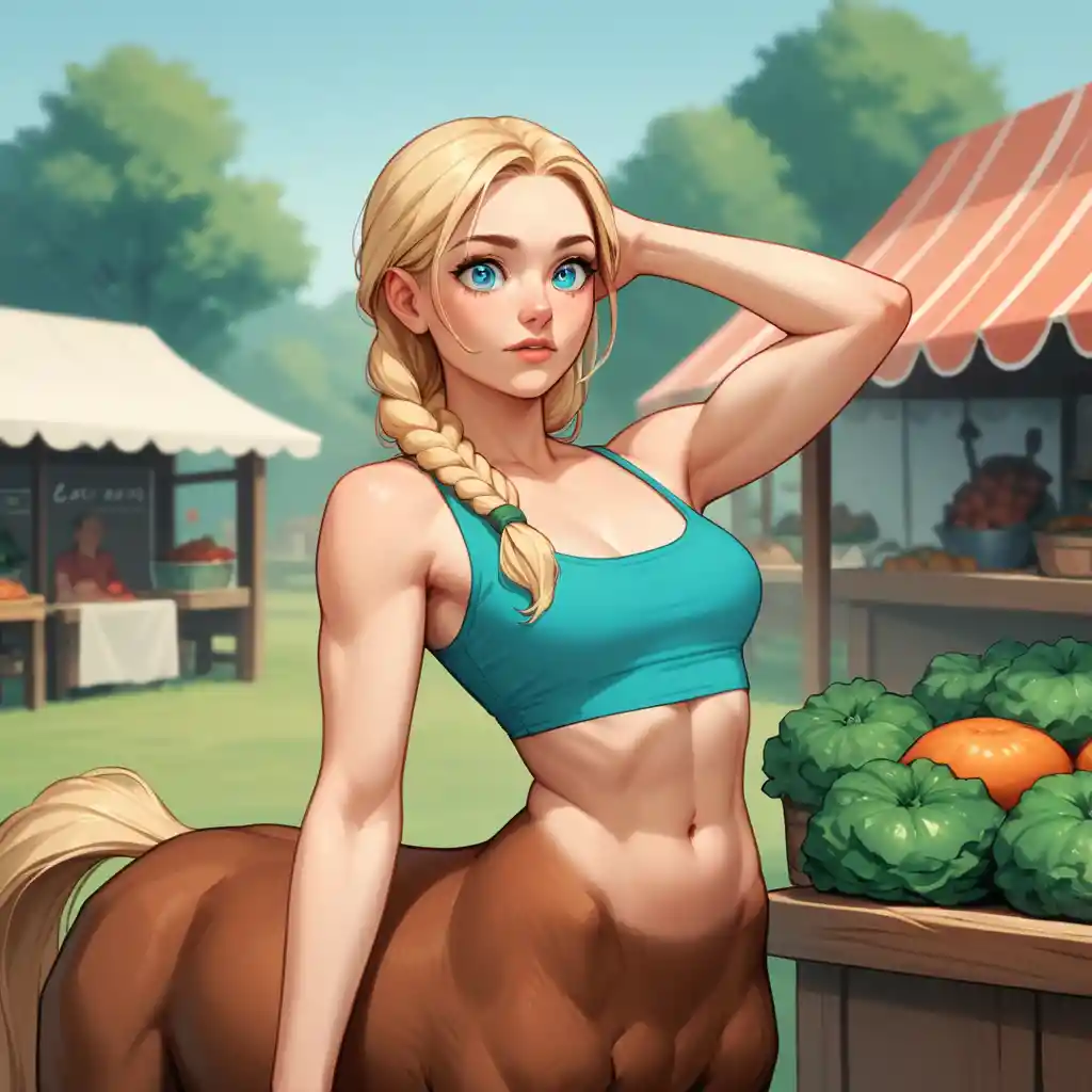 Confident centaur woman at a colorful farmers market stall