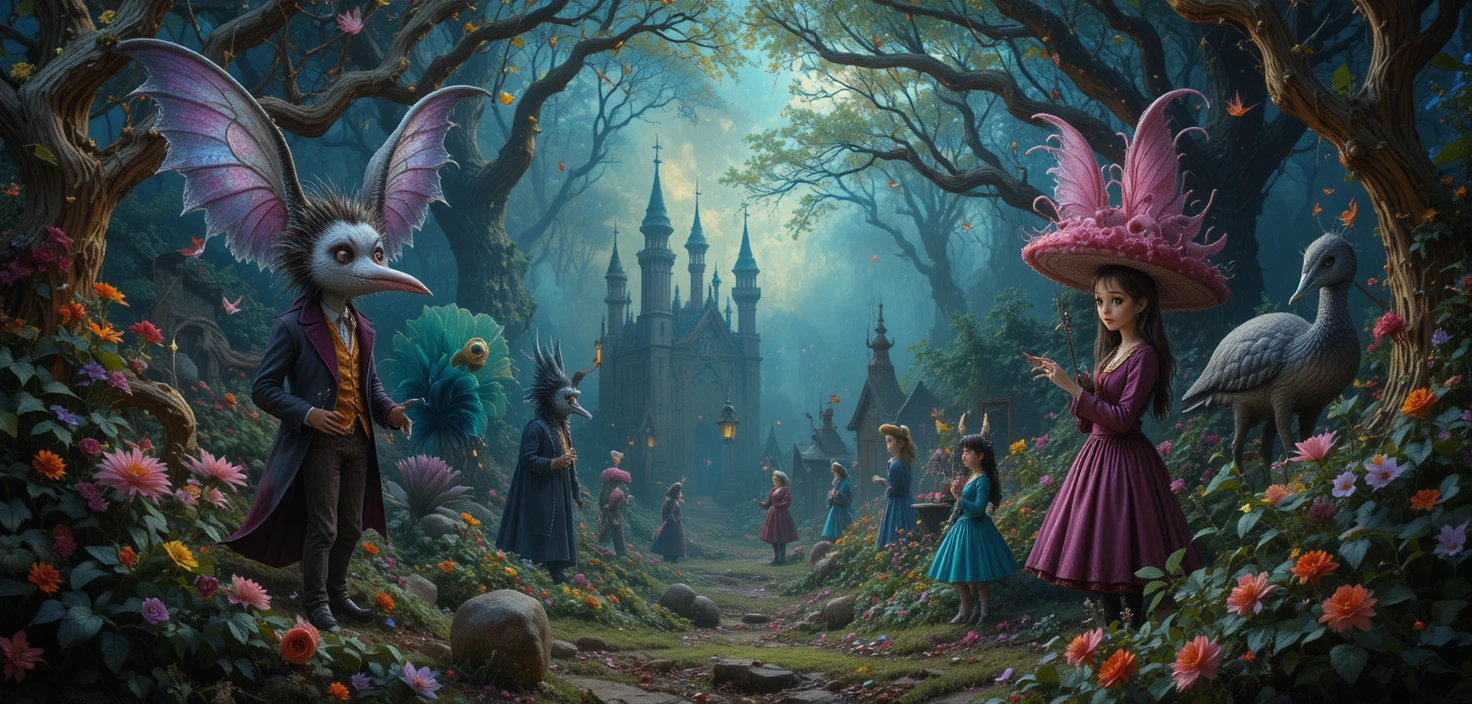 Whimsical 80s fantasy scene with quirky creatures