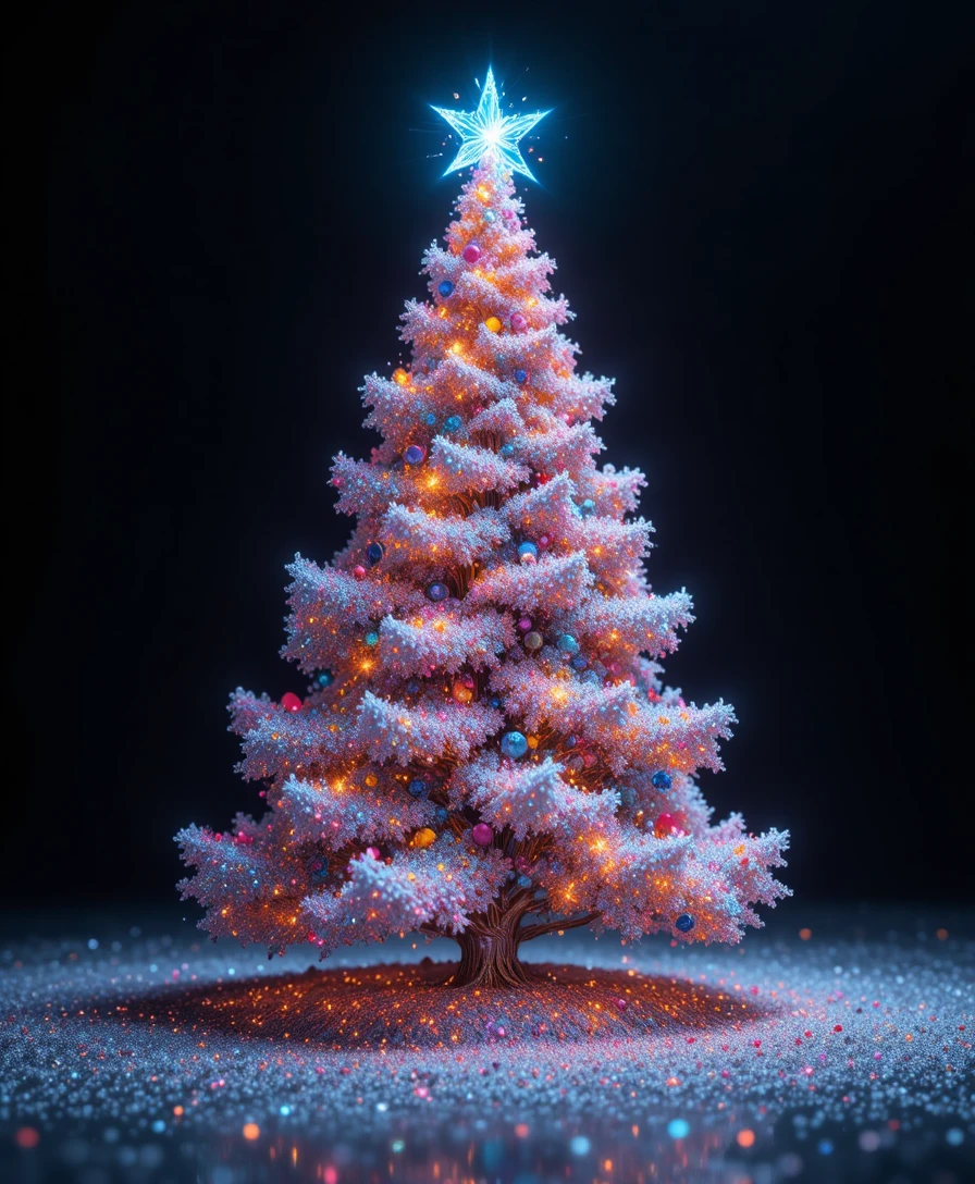 Leuchtender Candy-Weihnachtsbaum auf schwarzem Hintergrund im 3D-Stil