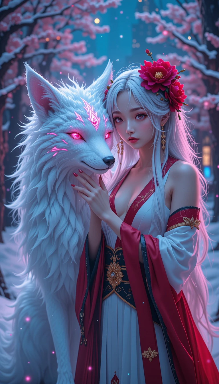 Silver haired priestess with spirit fox in snowy forest