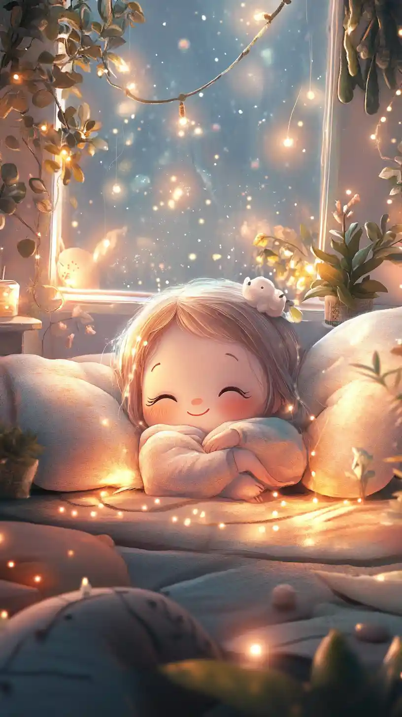 Fille kawaii se relaxant sur des coussins avec lumières et plantes