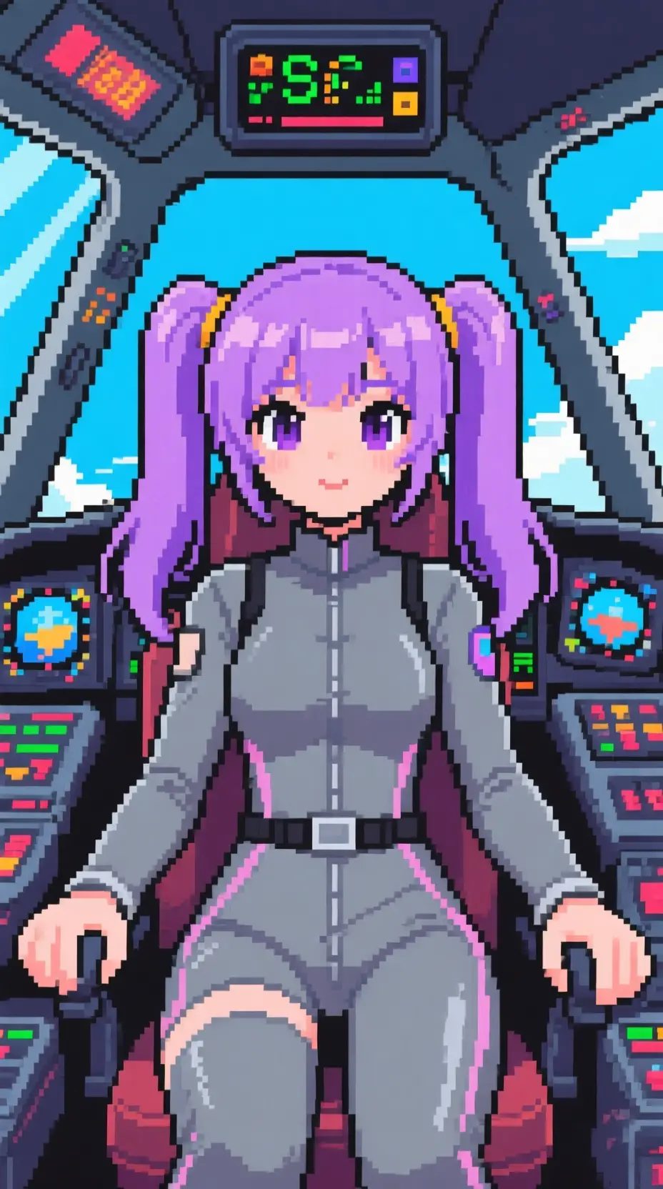 Anime girl with lilac twintails in a pixel cockpit scene