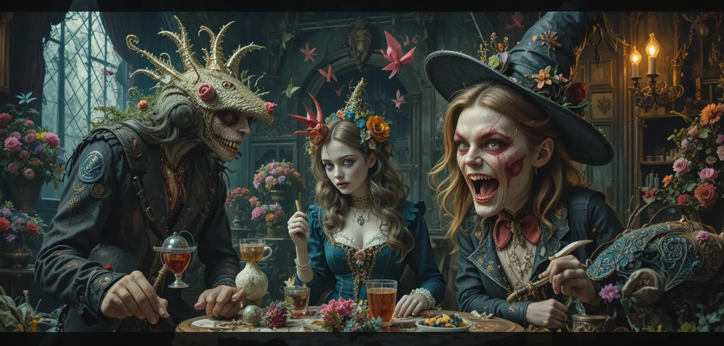 Whimsical 80s fantasy creatures in a colorful wonderland
