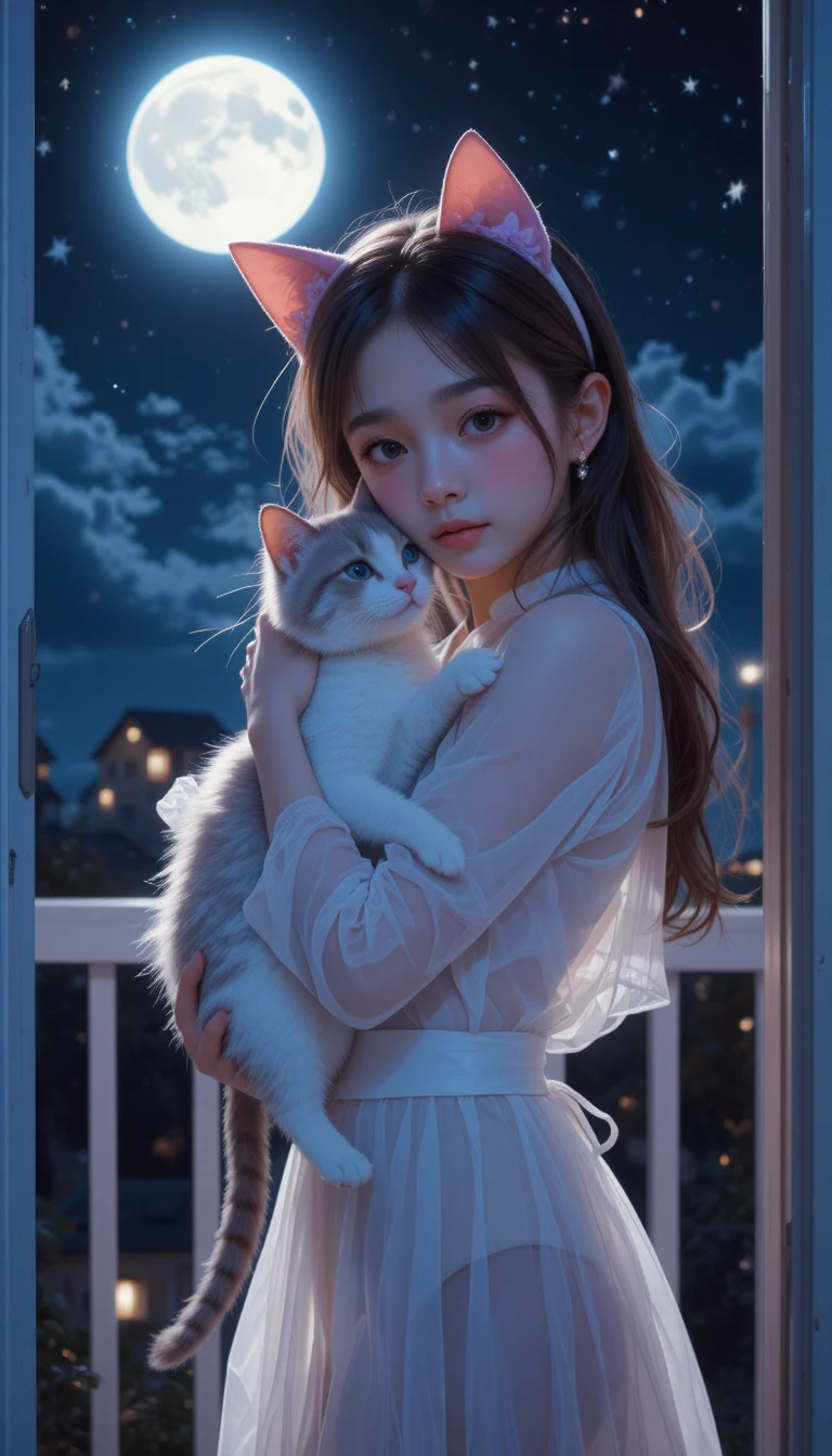 Shy anime girl hugging a cat on a night balcony