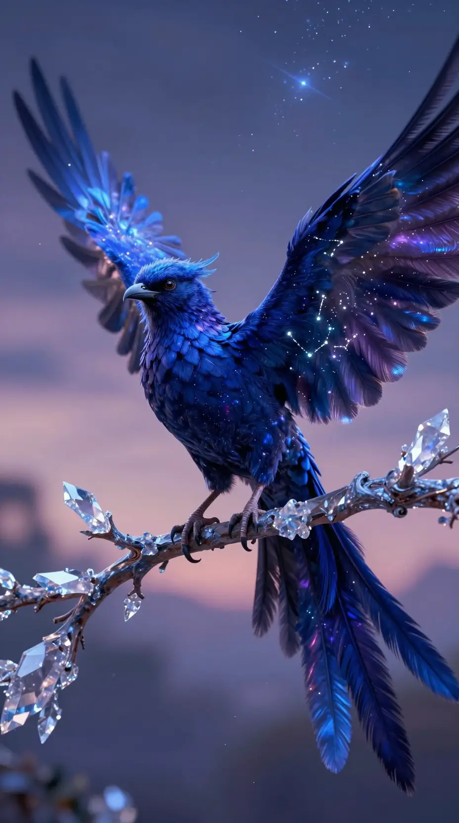 Mythical Starlit Bird On A Crystalline Cosmic Branch