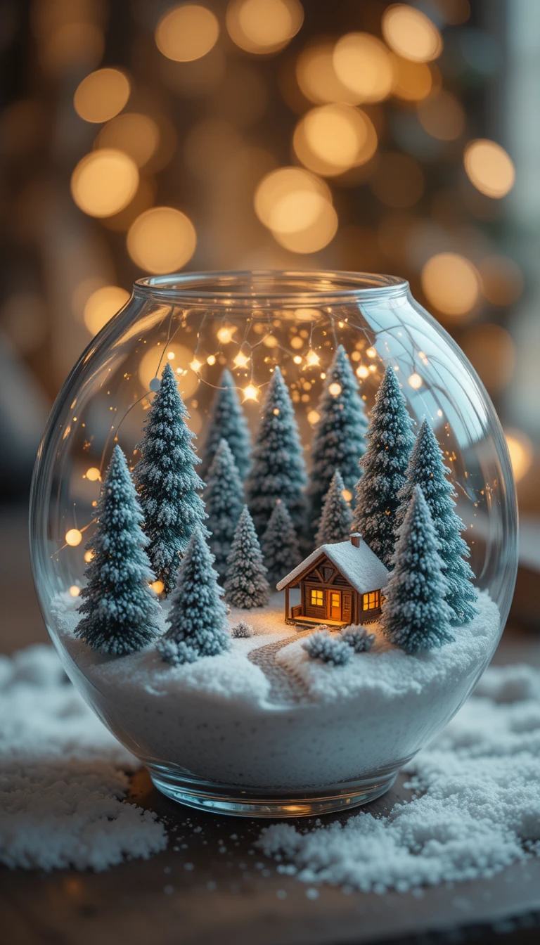 Miniature winter forest in a glowing glass bowl