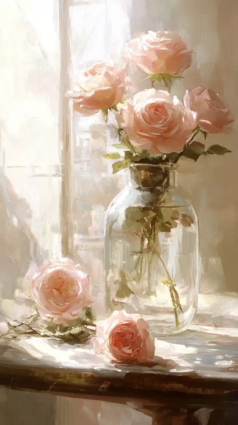 Rosas delicadas em uma garrafa de vidro – pintura de natureza-morta