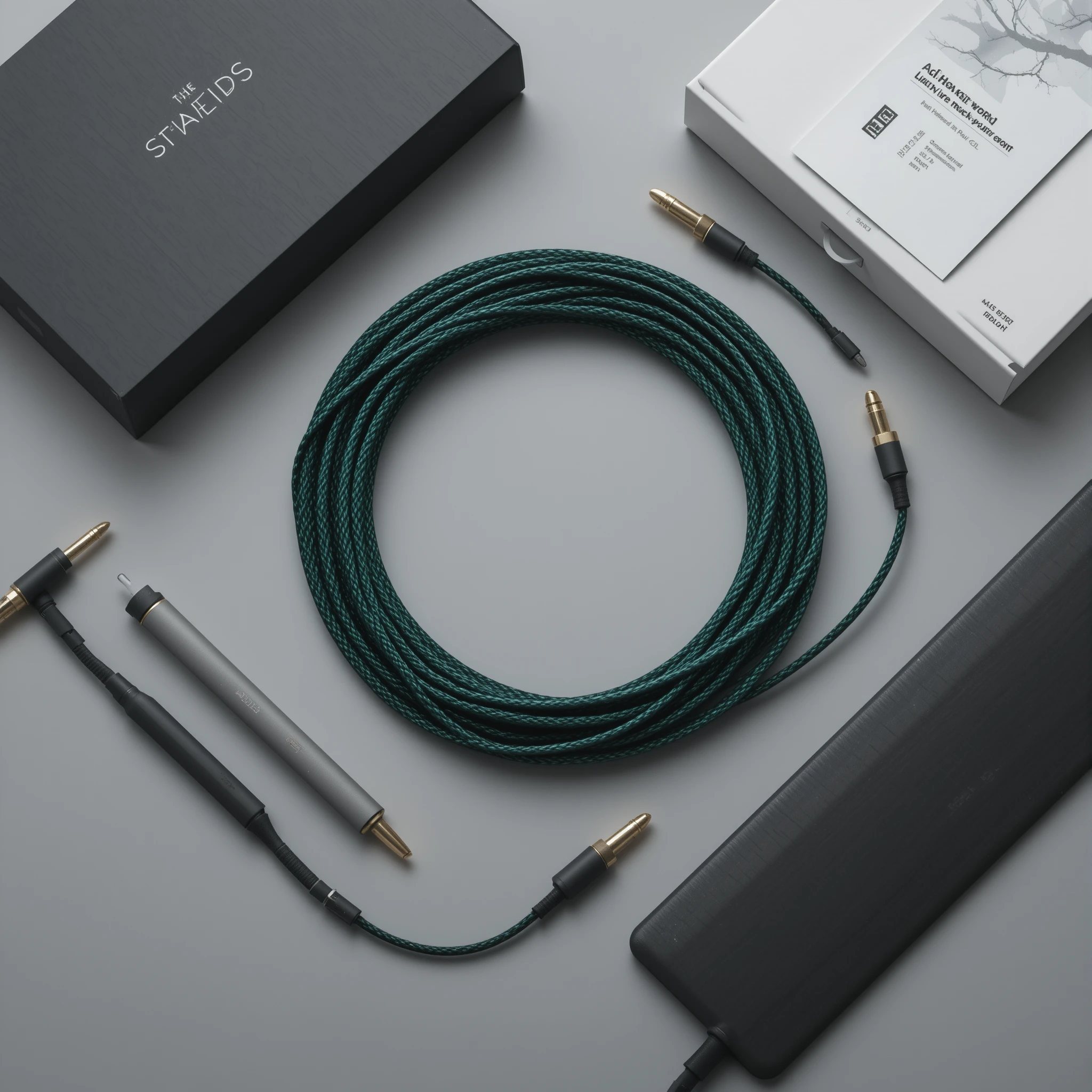 Flat lay of premium audio cables on neutral gray background