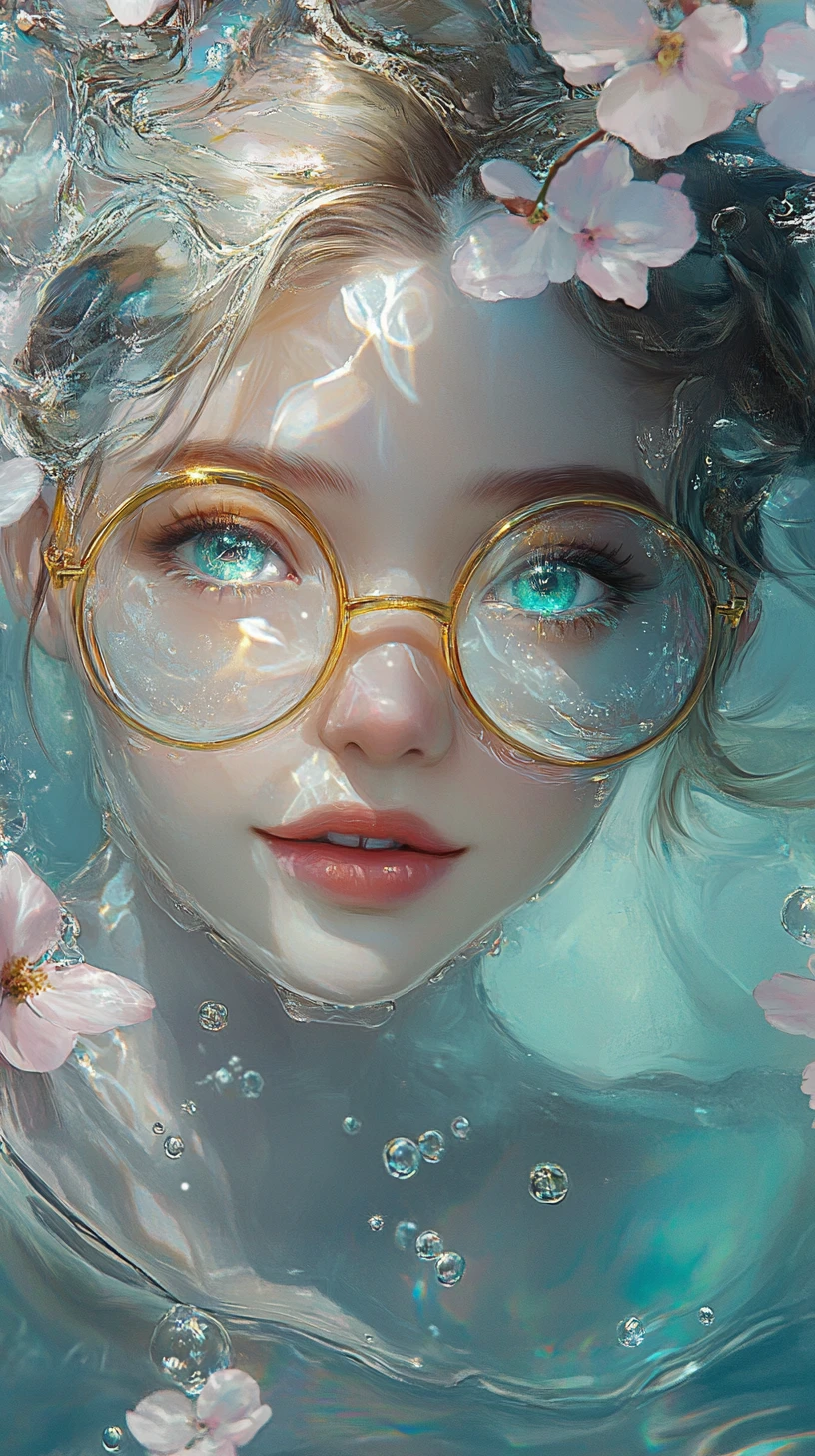 Donna translucida sorridente che si fonde con un lago di fantasia sereno