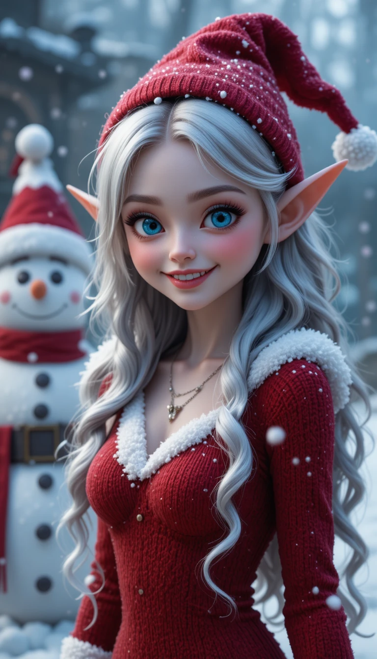 Chica elfa sonriente con abrigo de invierno rojo y nieve cayendo
