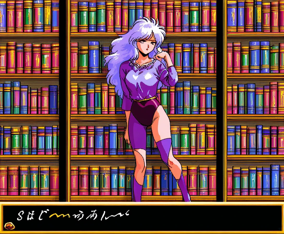 Magisches Anime-Mädchen posiert vor einem Bücherregal in Pixelart