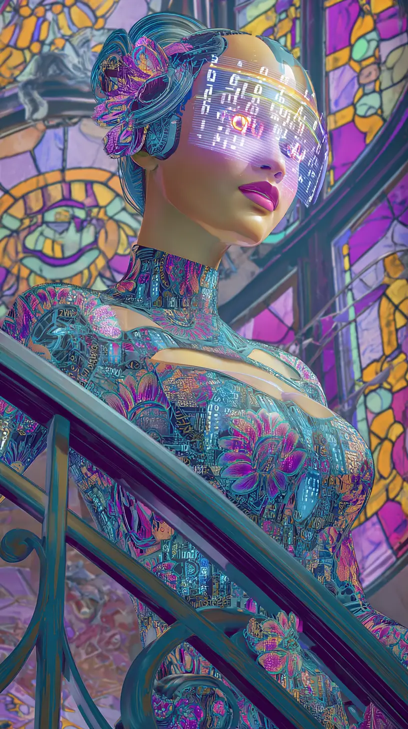 Floral cybernetic woman on a grand staircase