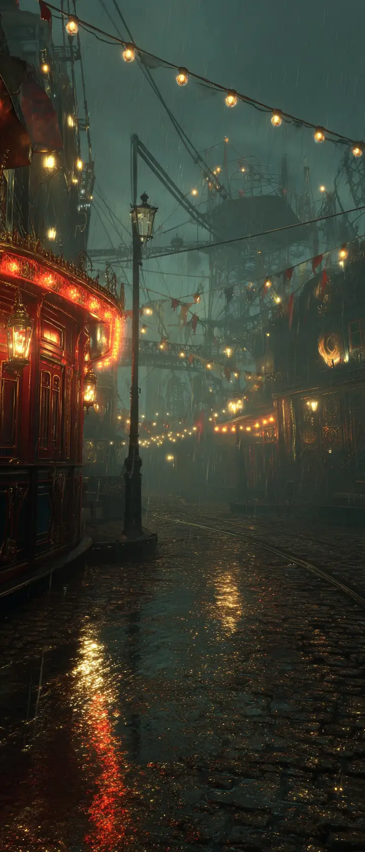 Moonlit steampunk fairground reflected on rainy cobblestone streets