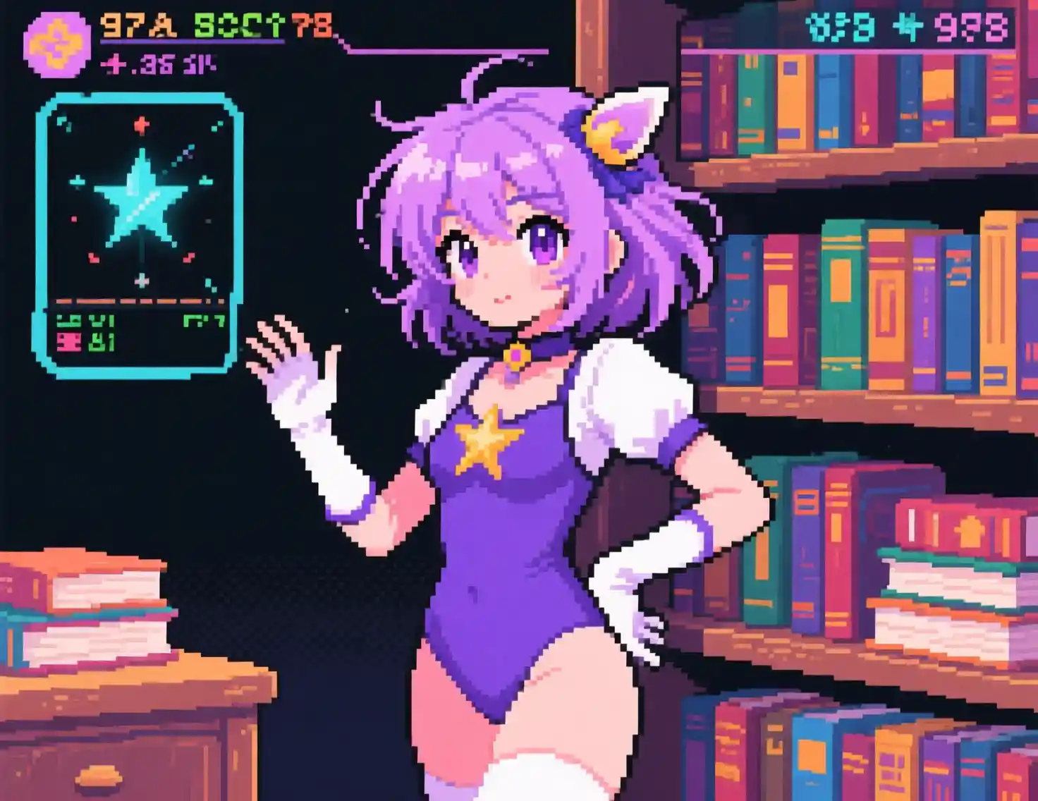 Pixel art magical girl posing beside a tall library bookshelf