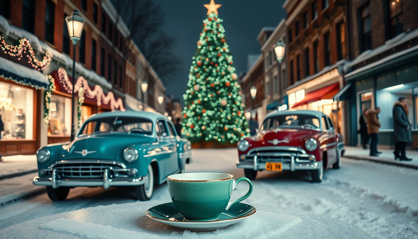 Rue de ville enneigée avec lumières de Noël et voitures vintage