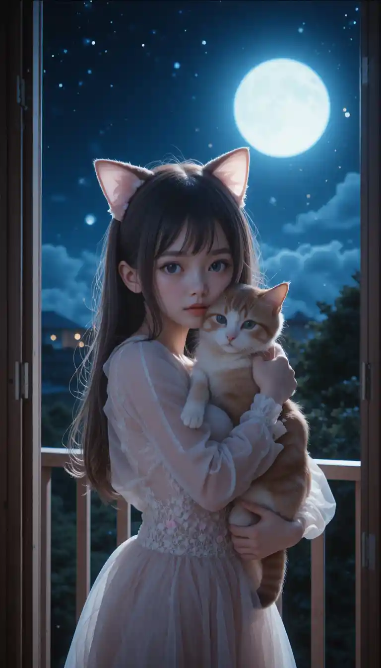 Schüchternes Anime-Mädchen, das auf einem mondbeschienenen Balkon eine Katze umarmt