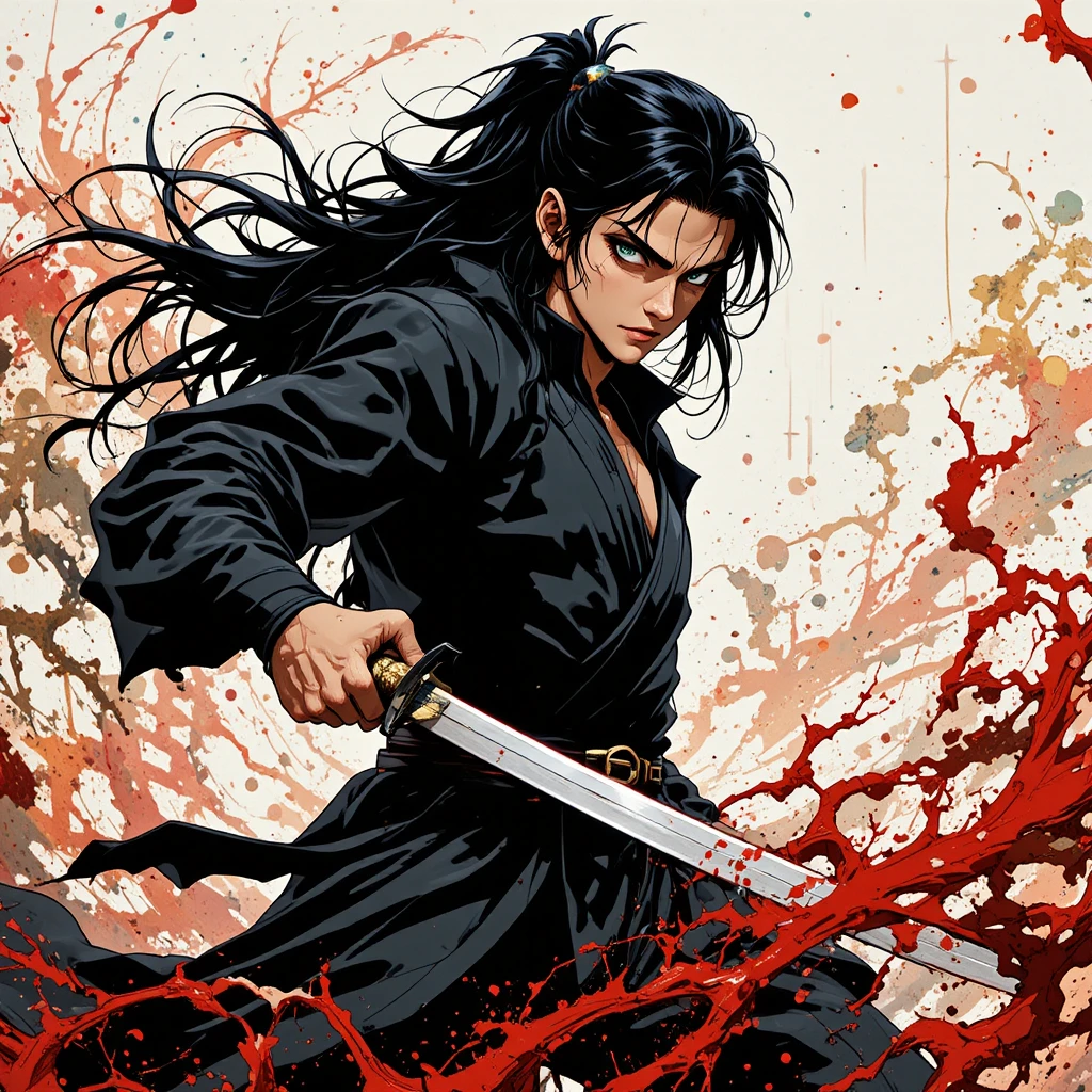 Anime swordsman portrait with katana and intense gaze