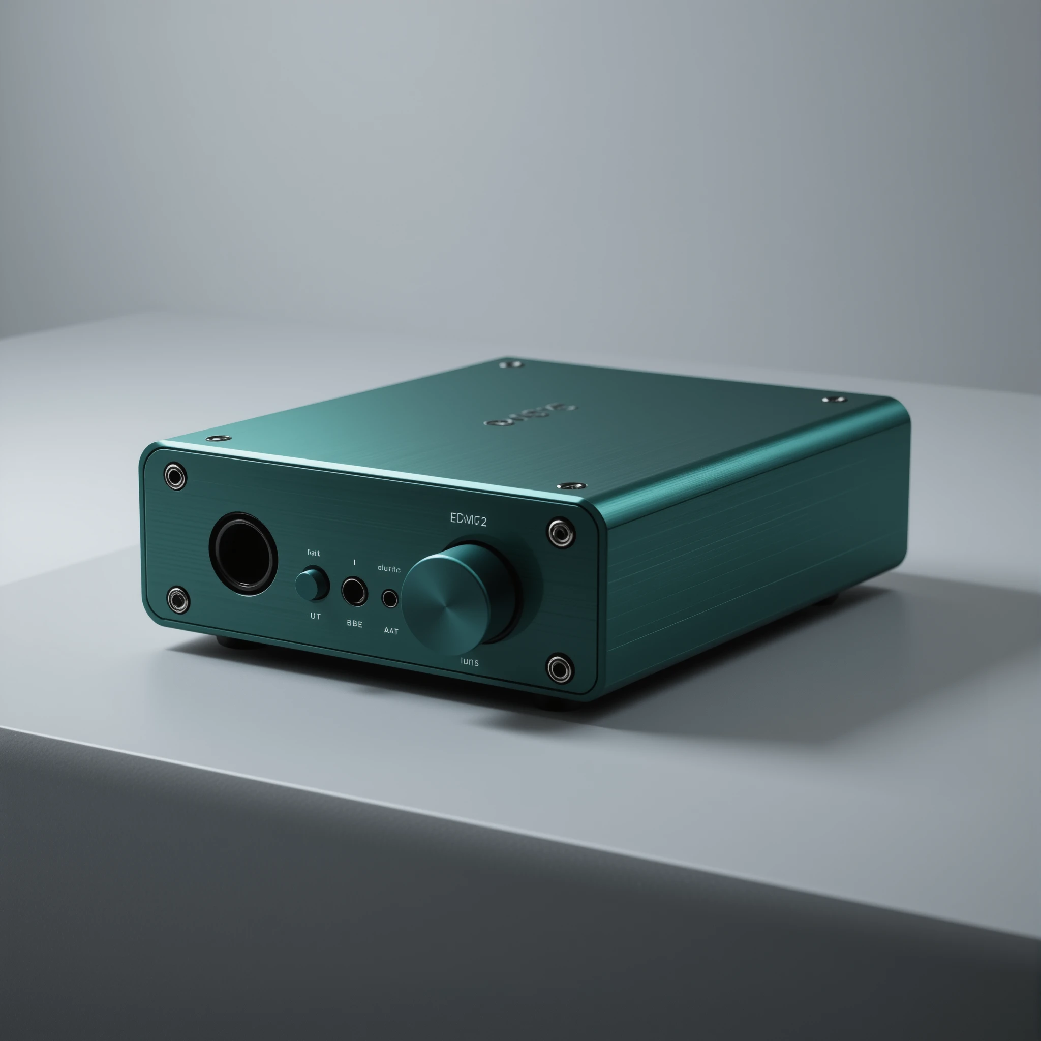 Green portable audio dac amplifier on neutral gray background