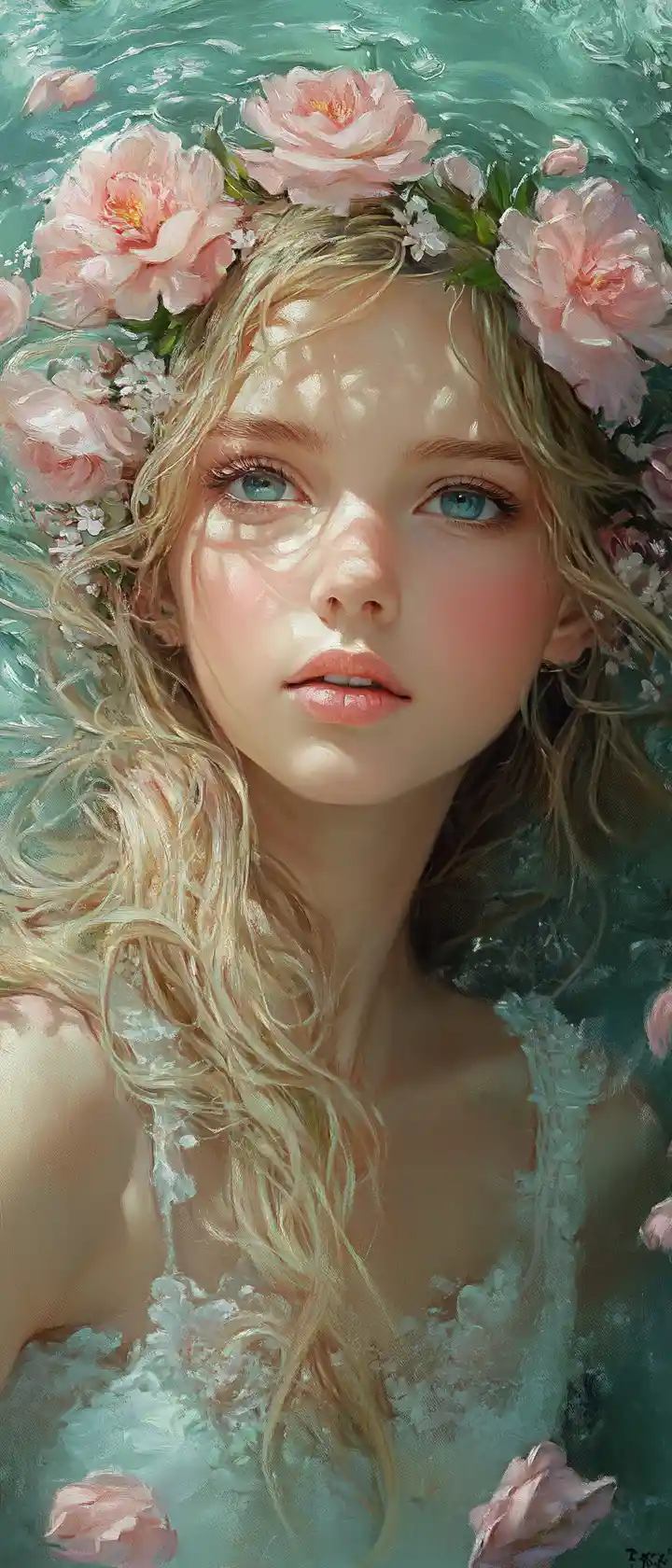 Dreamy fairy woman with pink flowers in her hair