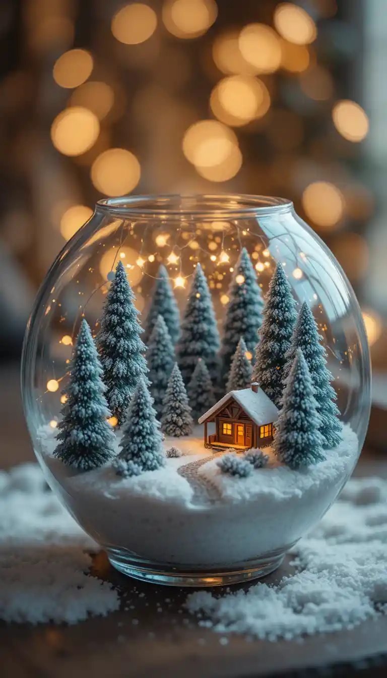 Miniature winter forest in a glowing glass bowl