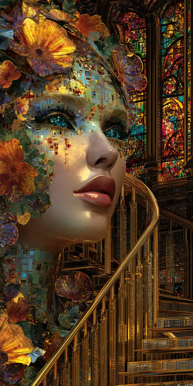 Floral cyber woman leaning on ornate staircase banister