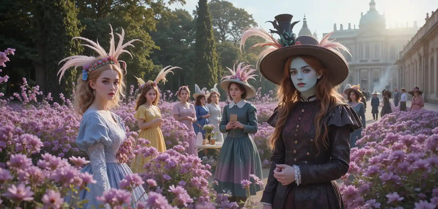 Personaggi fantasy stravaganti in un colorato giardino di Versailles
