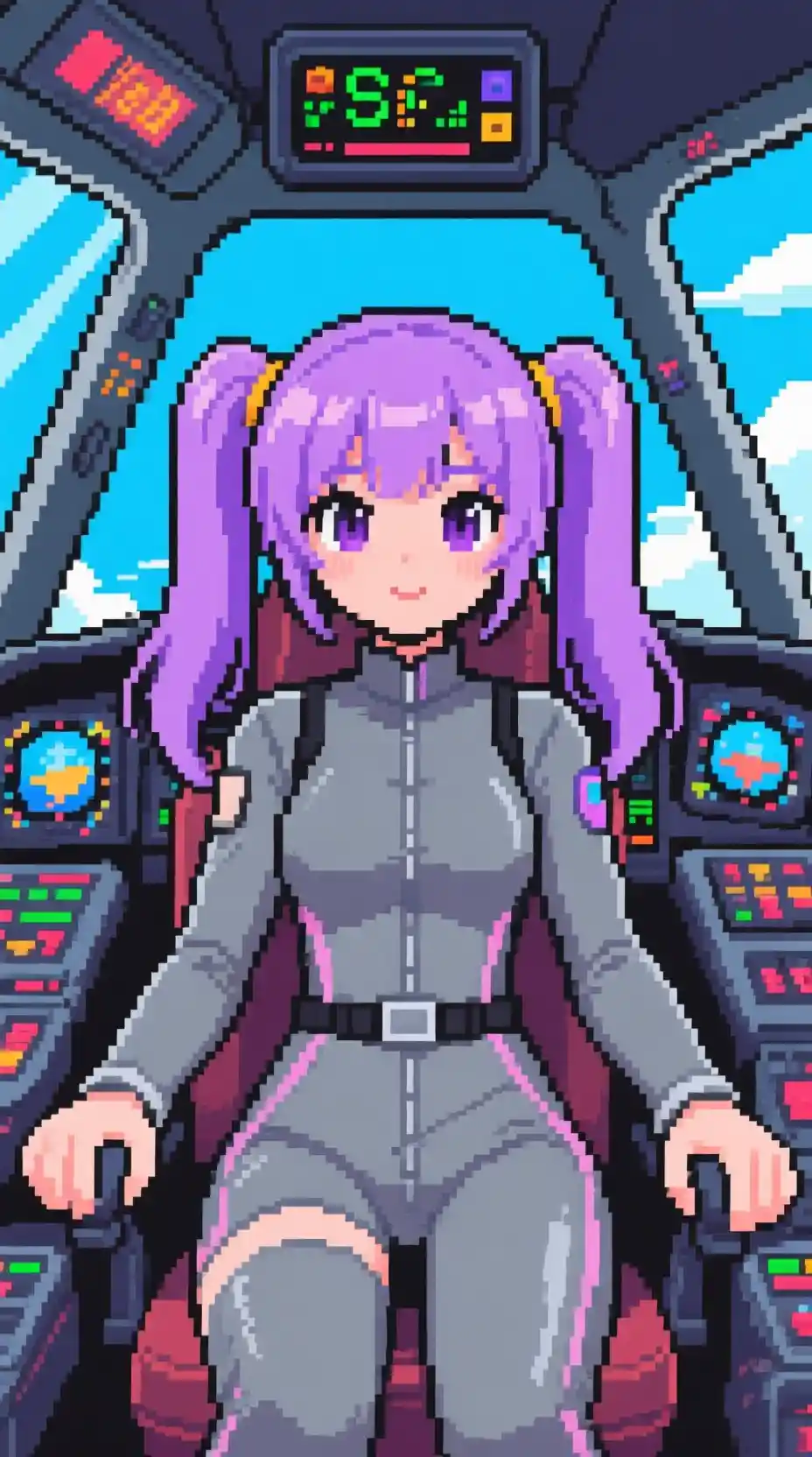 Anime girl with lilac twintails in a pixel cockpit scene