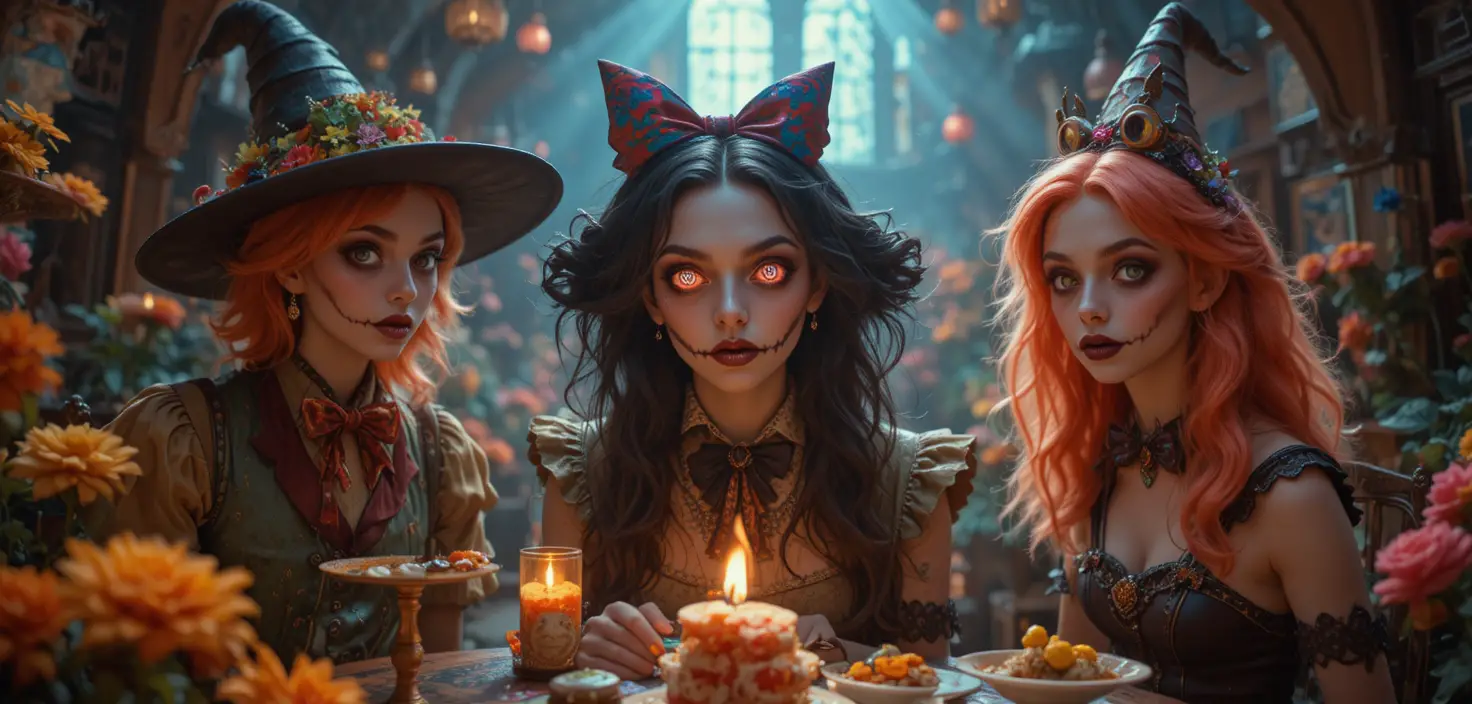 Colorful whimsical characters in an enchanted wonderland scene