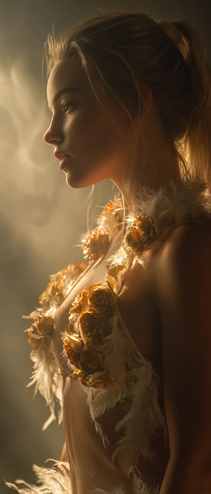 Blonde woman in roses and feathers in warm side light