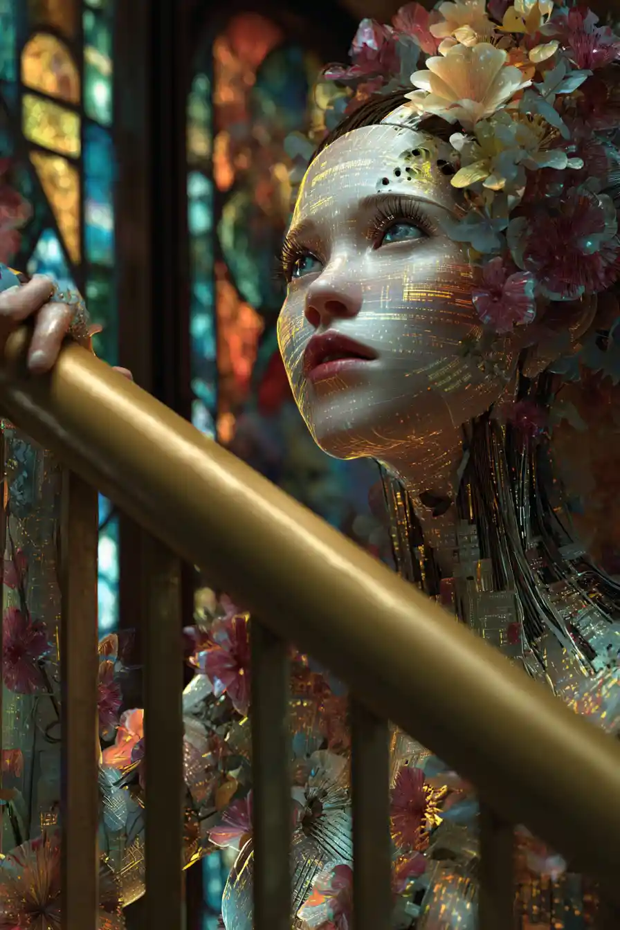 Floral cyber woman leaning on a grand staircase