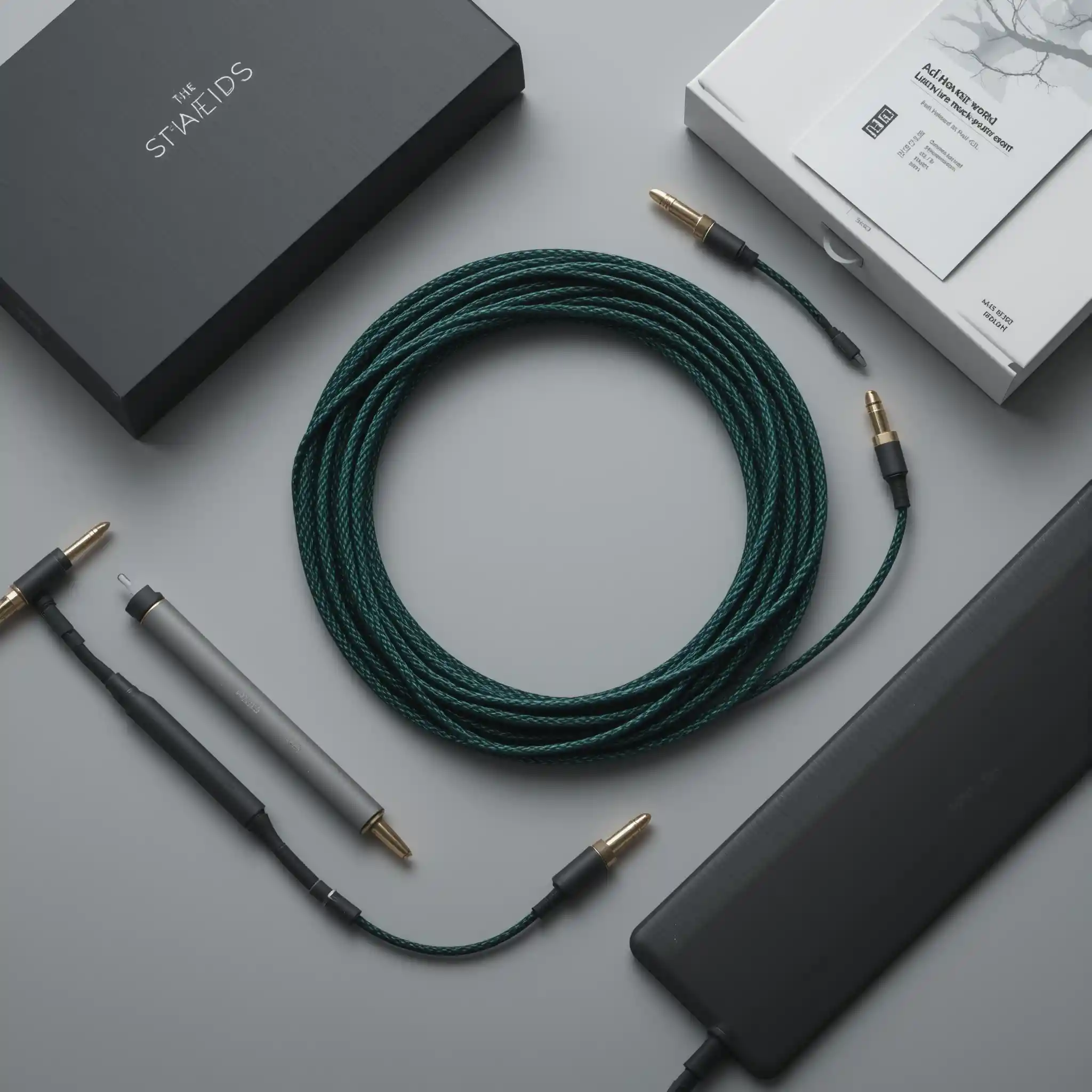 Flat lay of premium audio cables on neutral gray background