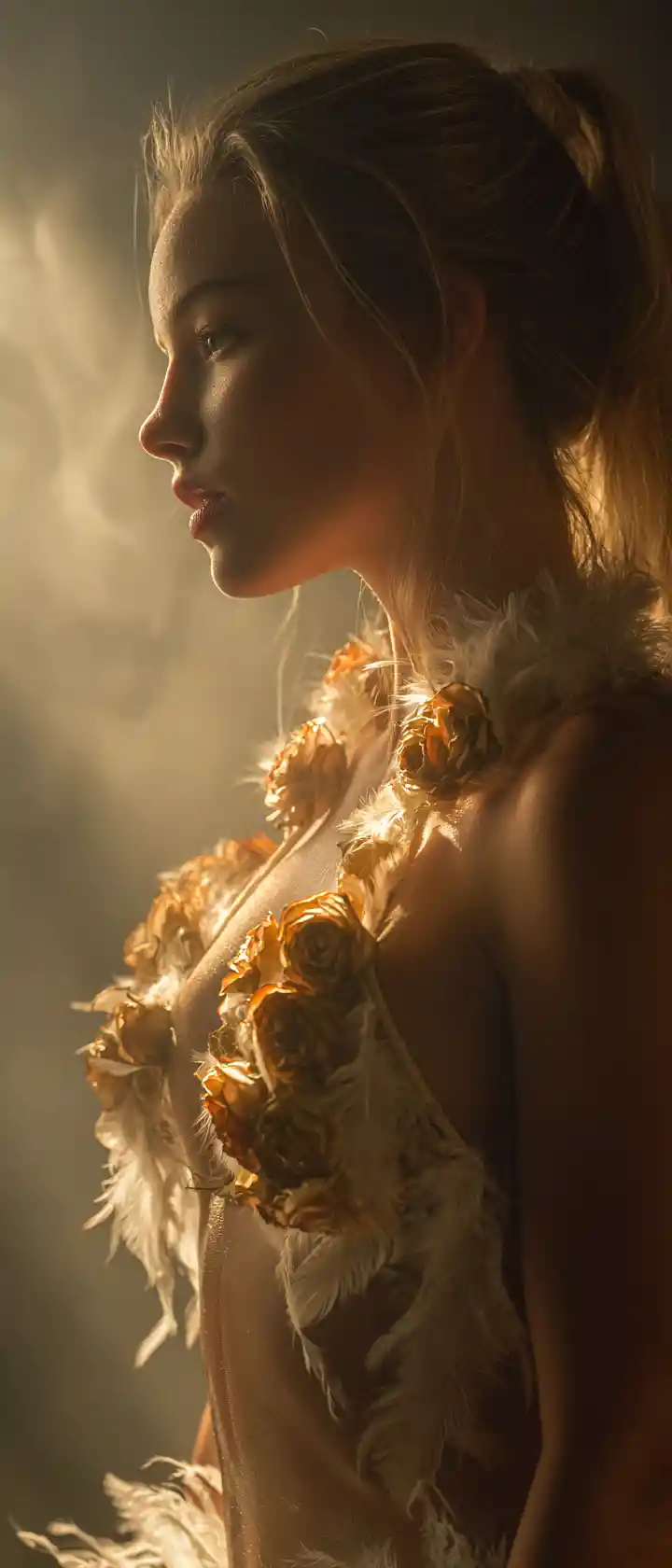 Donna bionda tra rose e piume in una calda luce laterale