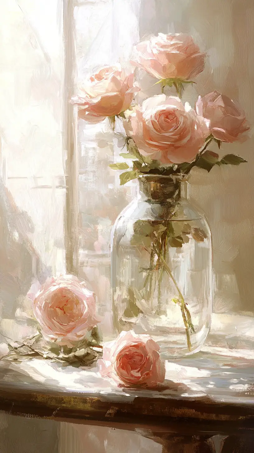 Delicate roses in a glass bottle still life painting