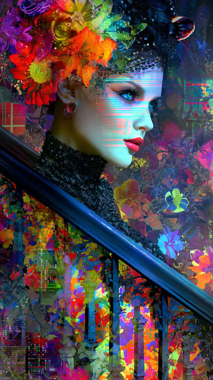 Cybernetic fashion woman made of flowers and streaming data