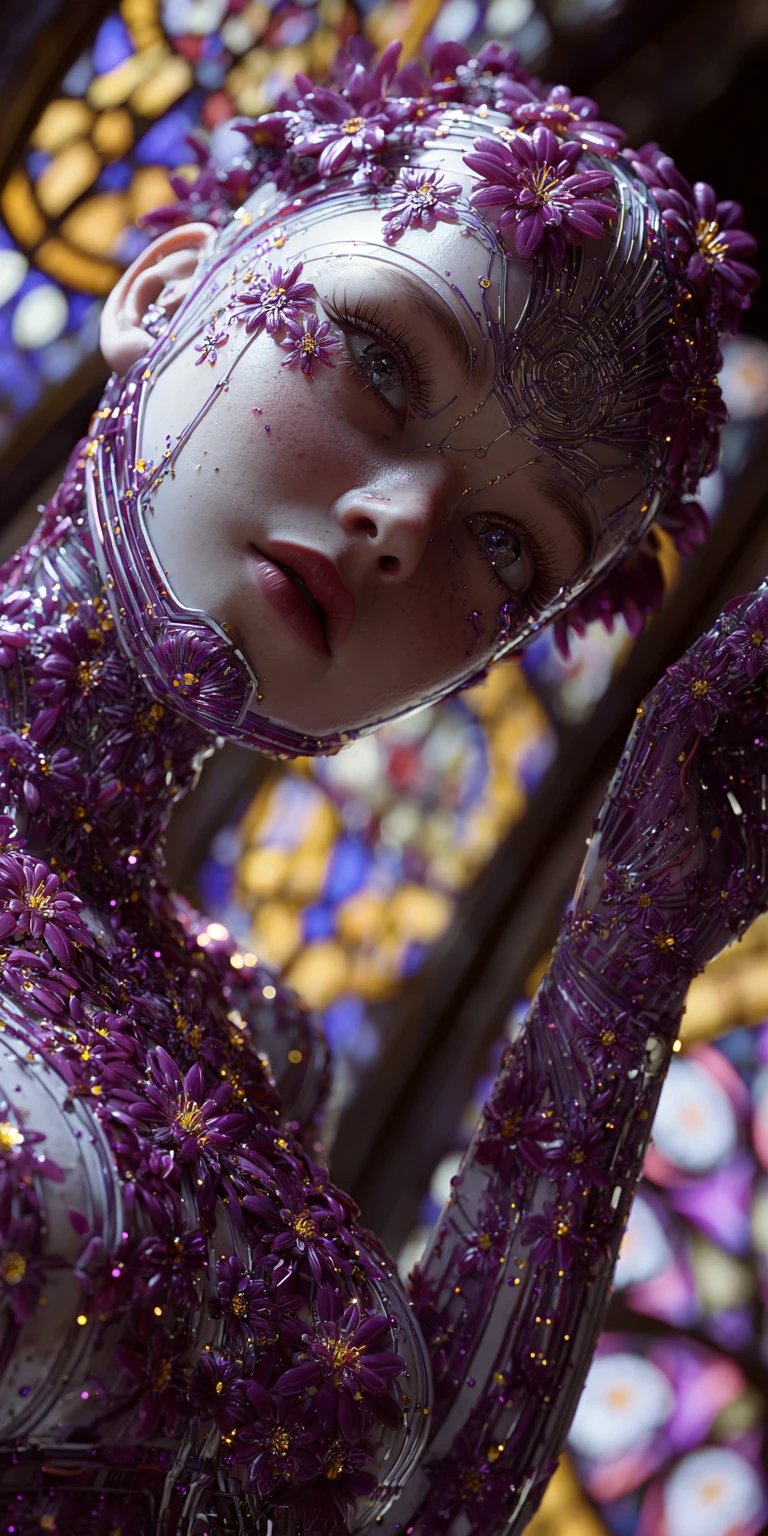 Floral cybernetic woman on decadent staircase interior