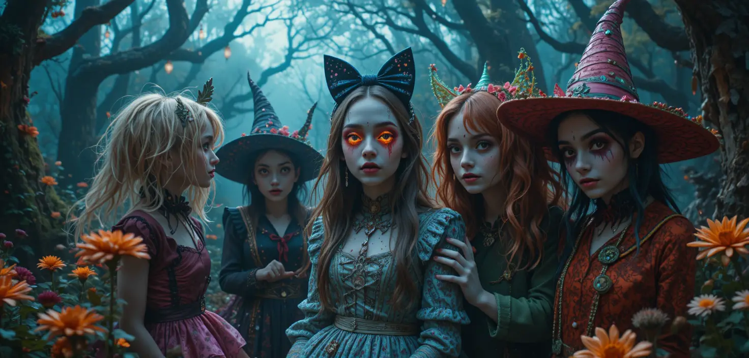 Whimsical fantasy characters in a vibrant wonderland scene