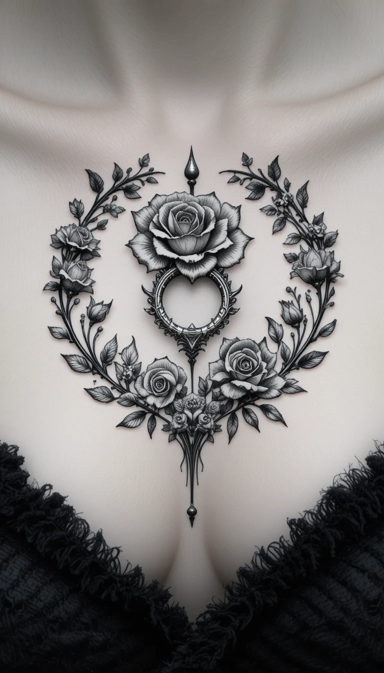 Tatuaje floral estilizado en blanco y negro alrededor de un piercing en el pezón