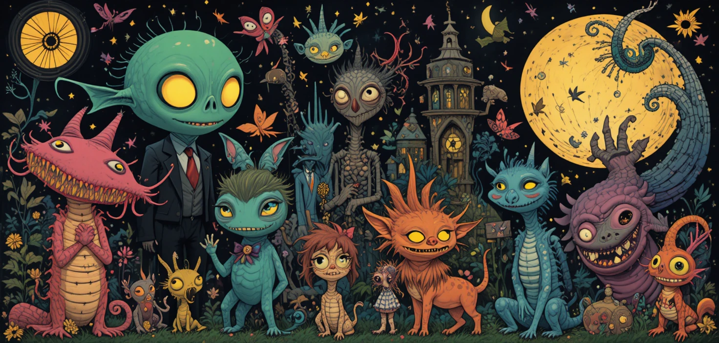 Personnages fantastiques fantasques dans un style graphique rétro audacieux