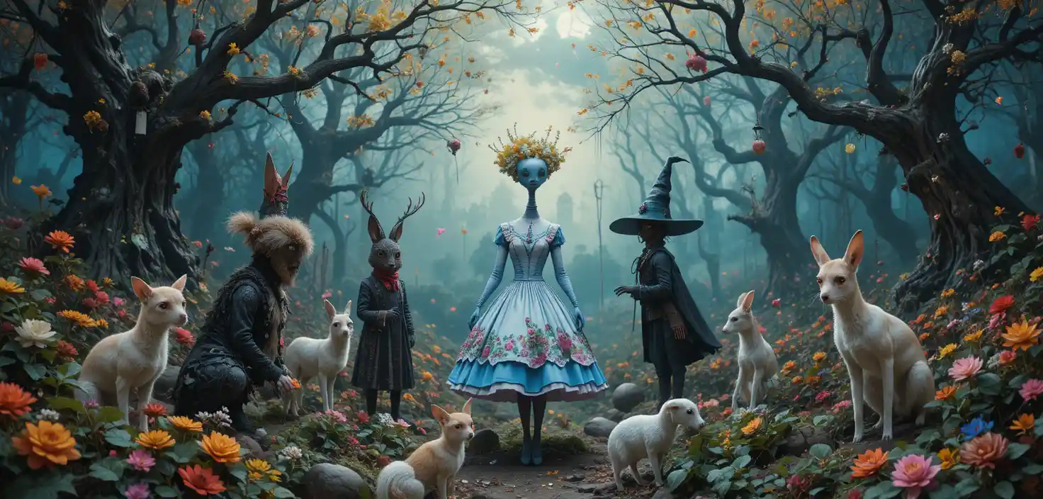 Whimsical 80s fantasy characters in a colorful retro world