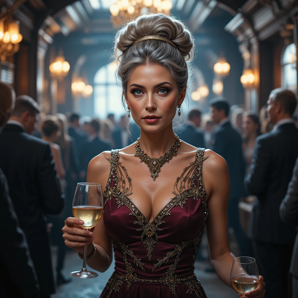 Elegante ältere Frau, die durch eine überfüllte Cocktailbar geht