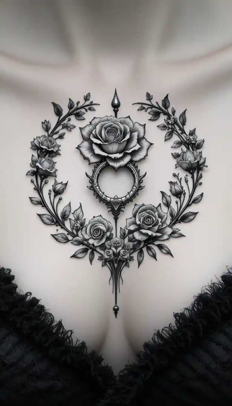 Tatuaje floral estilizado en blanco y negro alrededor de un piercing en el pezón