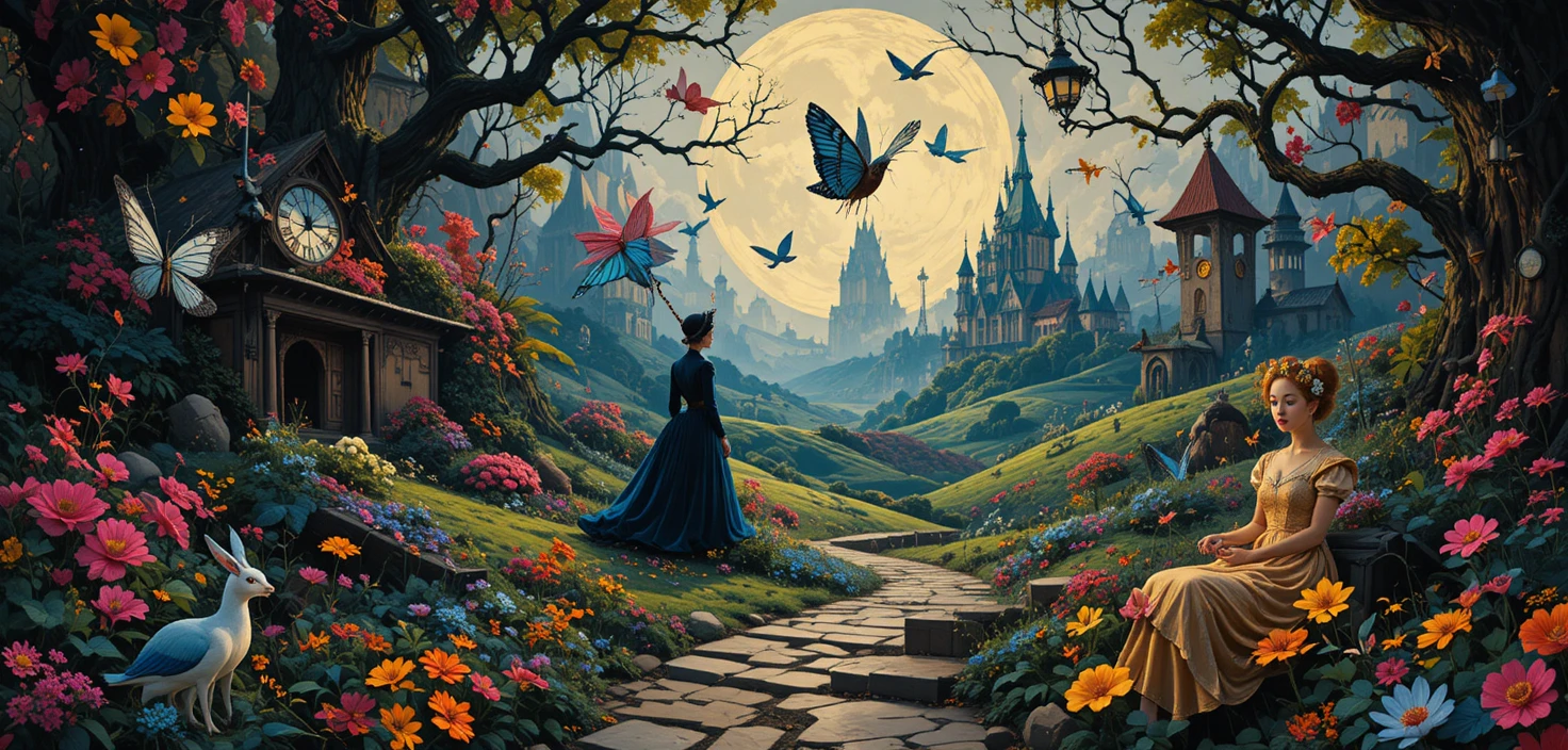 Whimsical fantasy characters in colorful retro poster style
