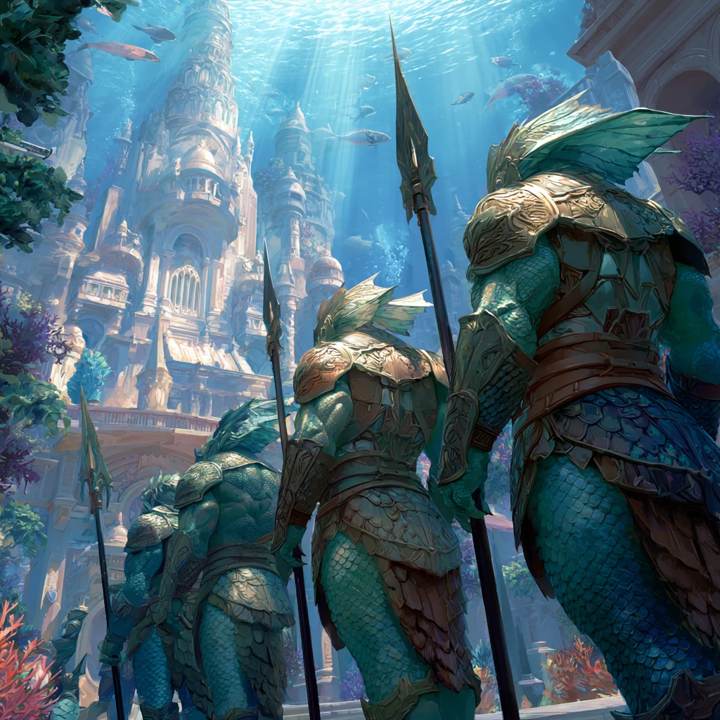 Elite merfolk guards defending a majestic underwater city