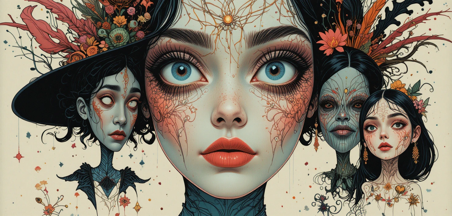 Personnages fantastiques fantaisistes dans un style graphique rétro audacieux