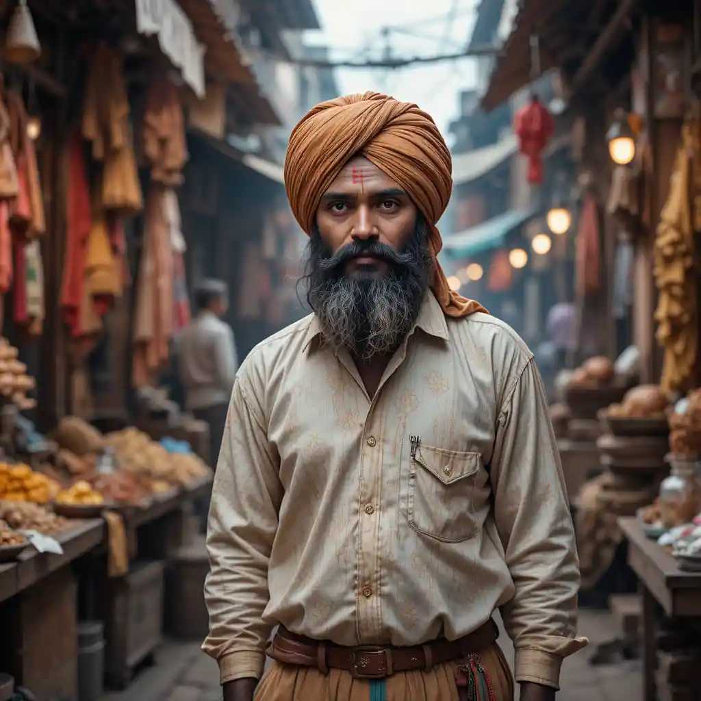Monkey standing by mango stall in dusty Indian market