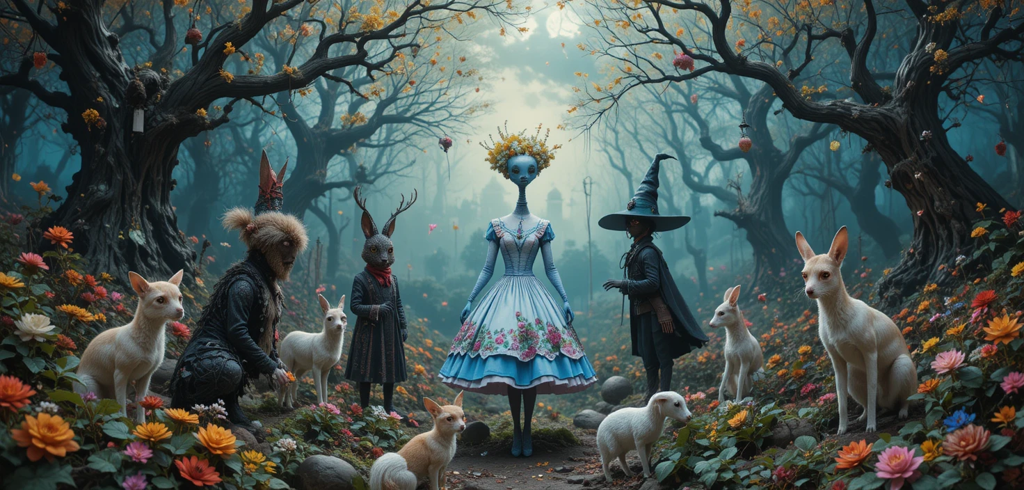 Whimsical 80s fantasy characters in a colorful retro world