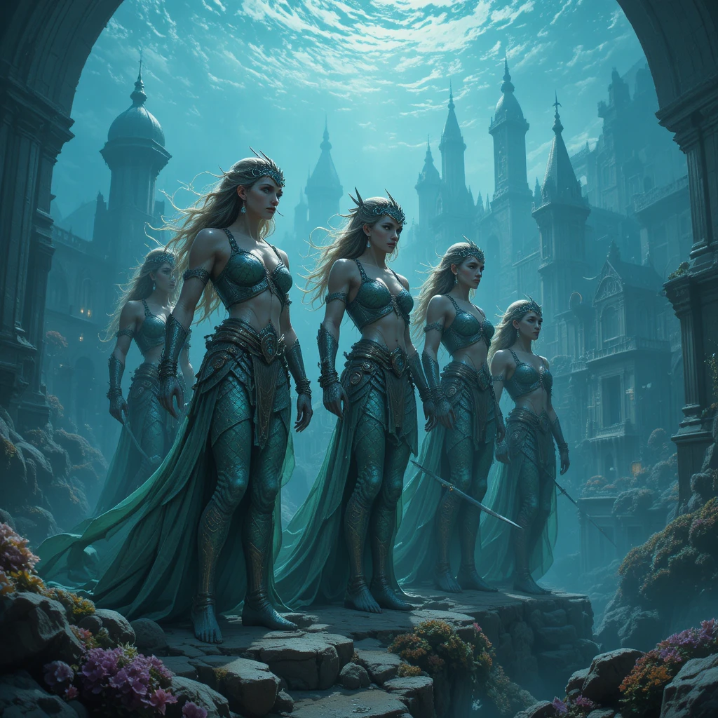 Merfolk guards watching over a vast underwater fantasy city