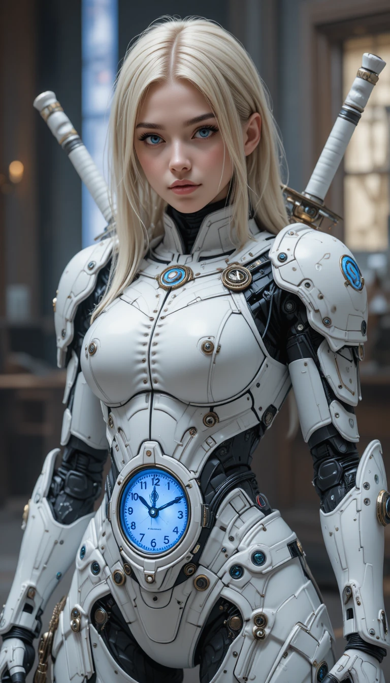 Serious female android with glowing clock and sword